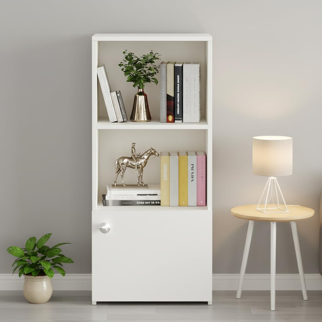 FURNEASER Vivid Compact Engineered Wood Storage Cabinet | Multi-Purpose Bookshelf with 2 Open Shelves & Door | Modern Wooden Organizer for Living Room, Bedroom & Office (White)-image-36