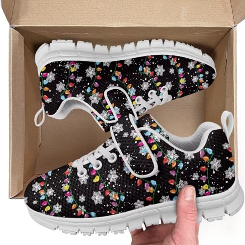 Christmas Colorful Lights Snowflake Pattern Boys Sneakers Kids Running Shoes Girls Mesh Fitness Shoe Indoor Training Sneaker Outdoor Sports Athletic Tennis Shoes for Little Kid（White Sole）2