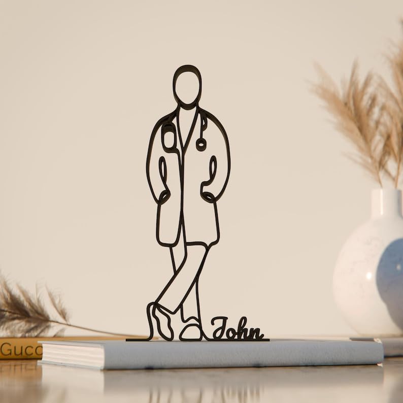 Black Custom Name Doctor Plastic Line Art Sculpture Personalized Medical Professional Figurine Modern Minimal Healthcare Inspired Decor Creative Gift Custom Home Office Desk Shelf Living Room Display