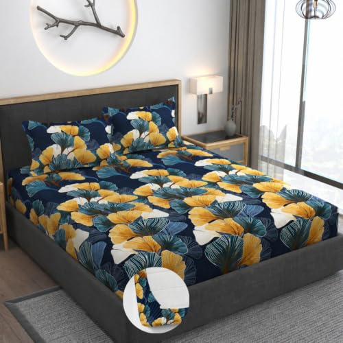 Image of Vaini Premium Heavy Cotton Elastic Fitted Bedsheets with 2 King Size Pillow Covers || Double Bed with All Around Elastic 350 (Green Mushroom, 72x78 Inch King Fitted)