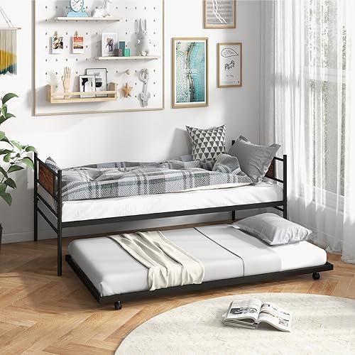 IFANNY Daybed with Trundle, Metal Twin Bed Frame & Roll Out Trundle with Heavy Duty Slat Support, 4 Lockable Casters, Space-Saving Sofa Bed Frame for Living Room, Bedroom, Guest Room - Black