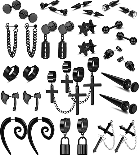 Morfetto Pendientes Punk Y2K de Acero Inoxidable Negro para Hombres Calavera Cool Emo Cadenas...