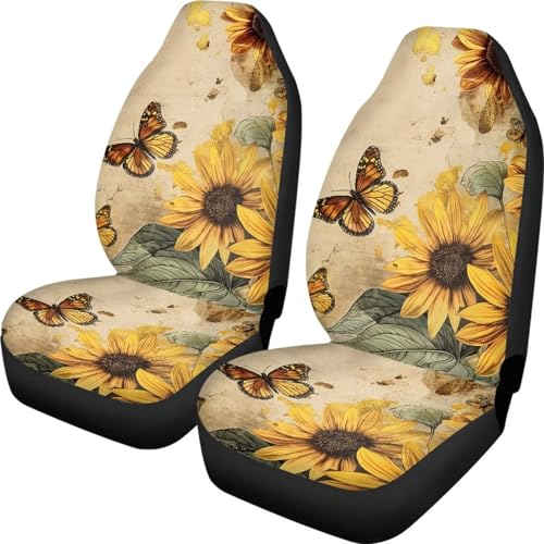 Finagallathe Vintage Sunflower Car Seat Covers Front Seat Butterfly Washable and Breathable Cloth Seat Covers for Cars Universal Fit for Most Car Interior Covers-Sedan Truck SUV