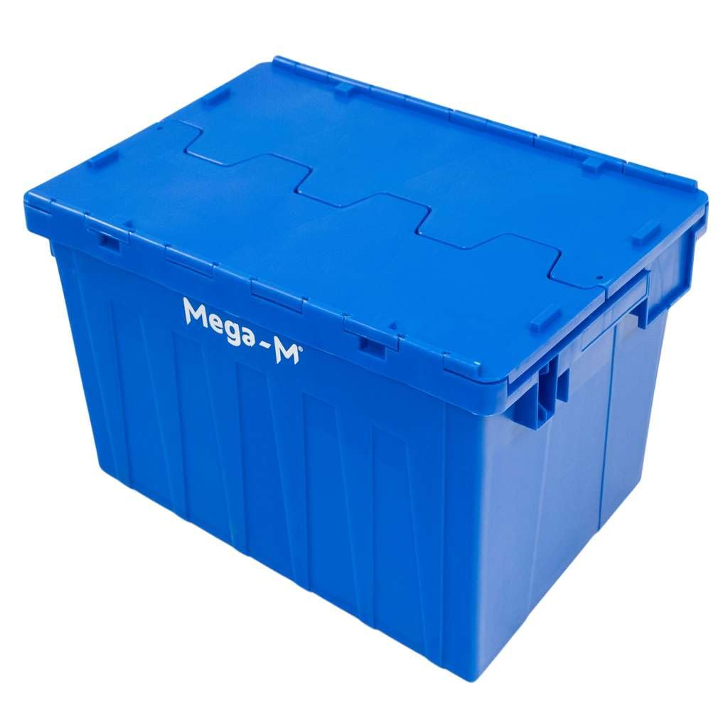 MEGA-M Pojemnik Kurierski Transportowy Gniazdowy 60 × 40 × 36 cm | Zamykany z Pokrywą, Nośność 20 kg, Sztaplowany, Plastikowy, Niebieski