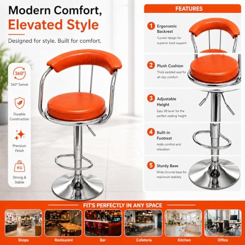 Image of Kemon Modern Adjustable Swivel Bar Stool Chair with Backrest, PU Leather Hydraulic Counter Stool with Footrest for Kitchen Island, Cafe & Home Bar (1, Orange, Round Barrel Stool)