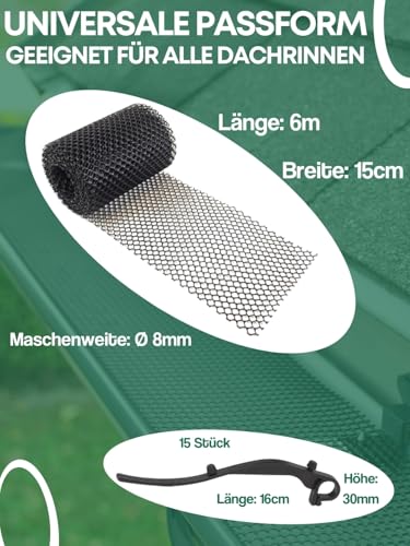 EKNA Regenrinnen Laubschutz - 24m x 15cm Laubschutzgitter für Dachrinnen - Kunststoff Sieb - Dachrinnenfilter-Set rostfrei & witterungsbeständig (inkl. 60x Montageklammern)