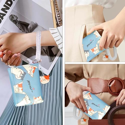 Small Womens Wallet, Cute Cat Tri-Folded Girls Wallet Slim Kawaii Wallet for Teens, Fashion Small Wrist Wallet with Cash Pocket Card Holder ID Window (Cat Blue) 5
