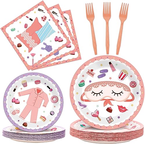 Image of Pajama Party Plates Napkins Sleepover Tableware Set - Spa Party Dinnerware Slumber Cutlery for Girls - Disposable Decoration for 24 Guests