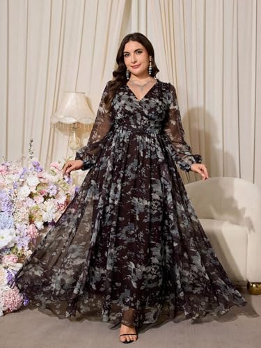 Image of Spring Summer 2024 Plus Size Womens Dresses V Neck Casual Elegant Long Sleeve Floral Print Maxi Dress