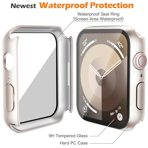 Image of Misxi [2 Pack Waterproof Anti-Scratch Case with Button for Apple Watch Series 9 Series 8 Series 7 41mm, Hard PC Cover with Tempered Glass Screen Protector for iWatch, Starlight