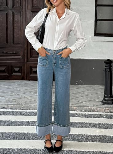 EVALESS Womens Jeans High Waisted Stretchy Cuffed Wide Leg Denim Pants with Pockets3