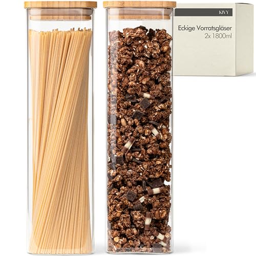 KIVY Vorratsgläser mit Deckel Luftdicht - 2 x 1.8L - Für Spaghetti, Mehl, Müsli Aufbewahrung Glas - Nudelgläser mit Deckel - Spaghetti Aufbewahrung Glas Groß - Nudel Gläser mit Bambusdeckel