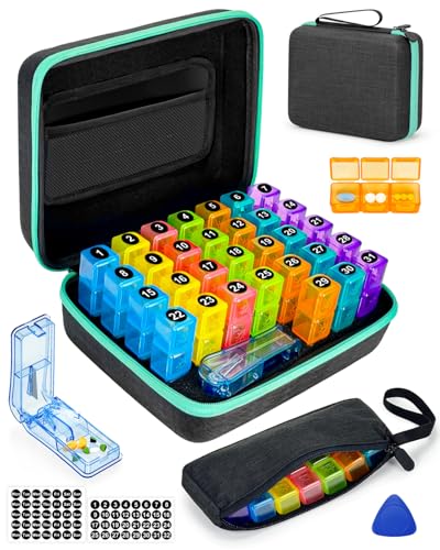 Monthly Pill Organizer 3 Times a Days, Friwole Medicine Organizer Box with Portable Hard Shell and Pill Cutter, 31 Day Pill Box with Monthly and Weekly Sticker (3 Times a Day)