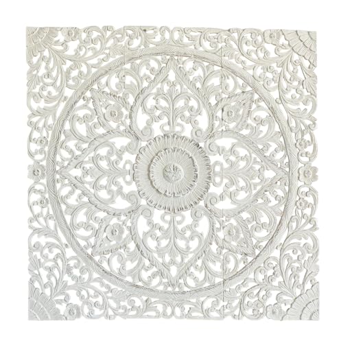 Teak Queen Size White Headboard, Balinese Wood Panelling Wall Hanging, Asian Carved Artwork Decoration, Whitewash Finish, 60 inches