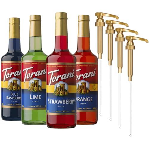 Torani Syrup, Soda Flavors Variety 4-Pack, Blue Raspberry, Lime, Strawberry, and Orange Syrup for Drinks, Glass Bottles, Pumps Included, 25.4 Fl Oz Ea