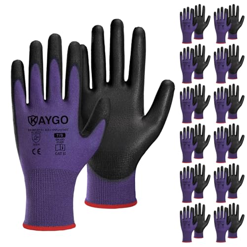 Image of KAYGO Safety Work Gloves for Men Women, PU Coated Palm & Fingers, KG11P | Smooth Grip, Breathable & Lightweight, 13-Gauge Seamless Knit, for Light Warehouse, Manufacturing, Gardening