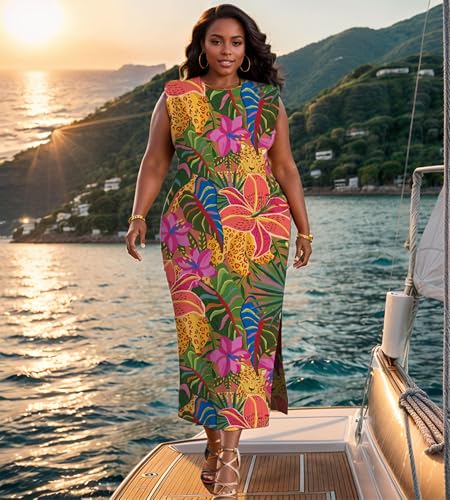 Image of UOUA Women Summer Maxi Dresses Plus Size Casual Hawaiian Sundress Sleeveless Loose Split Beach Dress with Pockets