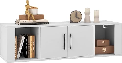 Miniatura 8 de Giantex Armario de almacenamiento montado en la pared de 2 cubos de escritorio flotante para colgar con 2 puertas y 2 estantes abiertos, muebles de