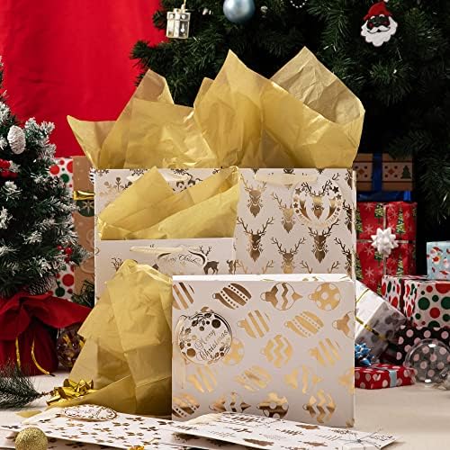 12 Christmas Holiday Foil Gold Gift Bags with Tissue Papers and Name Card Tags; Assorted White Winter Prints for Party Favors Goody Bags, Xmas Presents, Classrooms and Wrapping Stocking Stuffers