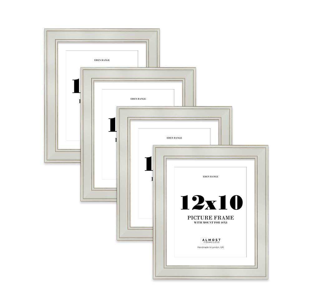 12x10" Light Grey Picture Frame with 10x8" Mount - Shabby Chic Photo Frame with Distressed Finish, Gold Trim, Wall Hooks and Kickstand, 37mm Edge - 4 Pack