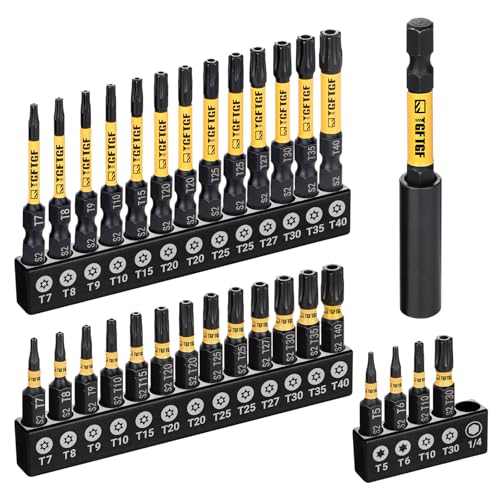 TGFTGF Impact Torx Bit Set 31PCS (T5 T6, TT7-TT40), 1” 2” S2 Steel Security Torx, Tamper Proof Star Bit Set with Magnetic CNC Machined Tips, Impact Screwdriver Bits with Bit Holder Storage Case