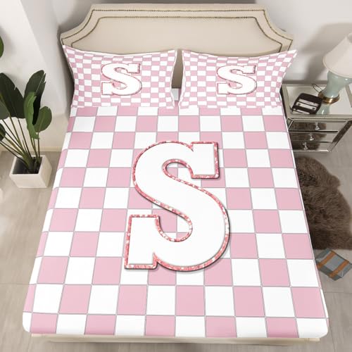 Image of Erosebridal Pink Initial S Bedding Set Queen Kawaii Plaid Checkered Bed Sheets Cute Personalized Monogram Sheet Set Kids Girls Teen Women,Fashion Grids Gingham Fitted Top Sheets 4 Piece