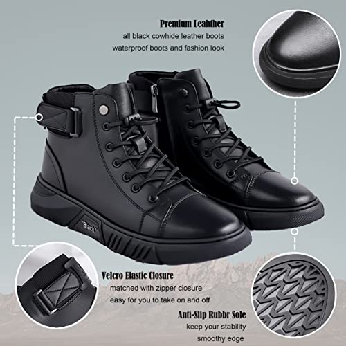 Recyphi High-Top Casual Leather Boots for Mens Handmade Shoes All Black Round Toe Waterproof Business Boots2