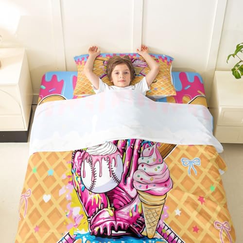 Image of Castle Fairy Baseball Cream Bed Sheets Twin Size,Ball Dessert Cherry Plaid Easy Wash Bedding Set,Kawaii Sport Game Kids Room Decor,Pink Bule Yellow Sheet(Fitted+Flat+1 Pillowcase)