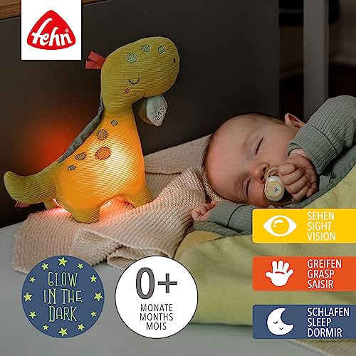 Fehn Nachtlicht Dino – Schlummerlicht & Einschlafhilfe: Kuscheltier mit „Glow-in-The-Dark“-Bestickung & Nachtlicht-Modul, für Babys & Kleinkinder ab 0+ Monaten