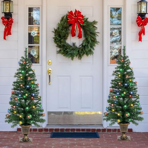 Set of 2 Christmas Trees with Lights 4-FT Artificial Urn Potted Porch Christmas Tree Battery Powered with 8 Modes and Timer for Indoor Outdoor