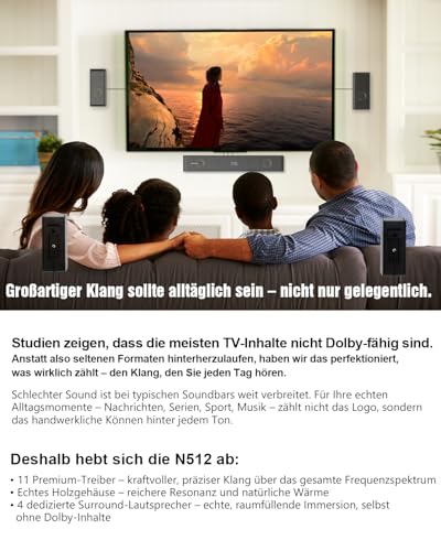 Hölzern 5.1.2CH Soundbar für TV Geräte, 4 Surround-Lautsprecher, 400W Spitzenleistung, Heimkino Virtual Surround Soundsystem Sound Bar mit 5.25'' Subwoofer, ARC/Optisch/BT 5.3/AUX/USB, HiPulse N512 – Bild 5