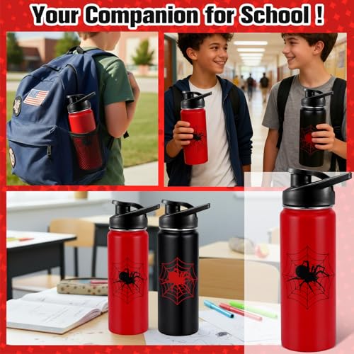 Image of Bokon 2 Pcs Spider Water Bottle with Straw Lid 16 oz Insulated Red Black Stainless Steel 18 /8 Spiderweb Vacuum Cups Tumbler for Travel Outdoor Family Friend Gifts, Leak Proof Lid Design (Classic)