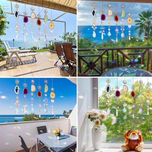 WEISIPU Set of 6 Crystal Sun Catchers - Window Hanging Sun Catchers with Crystals and Agate Slices, Wind Chimes Ornaments Decor Prism for Home Car Window Party Decorations-6 Pcs