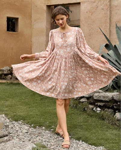 Image of Boho Dresses for Women Floral V Neck Puff SLVS Babydoll Short Beach Dress