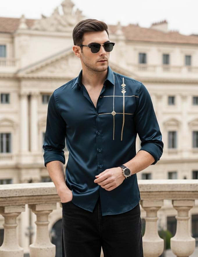 Image of IndoPrimo Men's Premium Satin Shirt for Party, Formal and Casual Wear - Stylish Designer Full Sleeve Shirt for Men