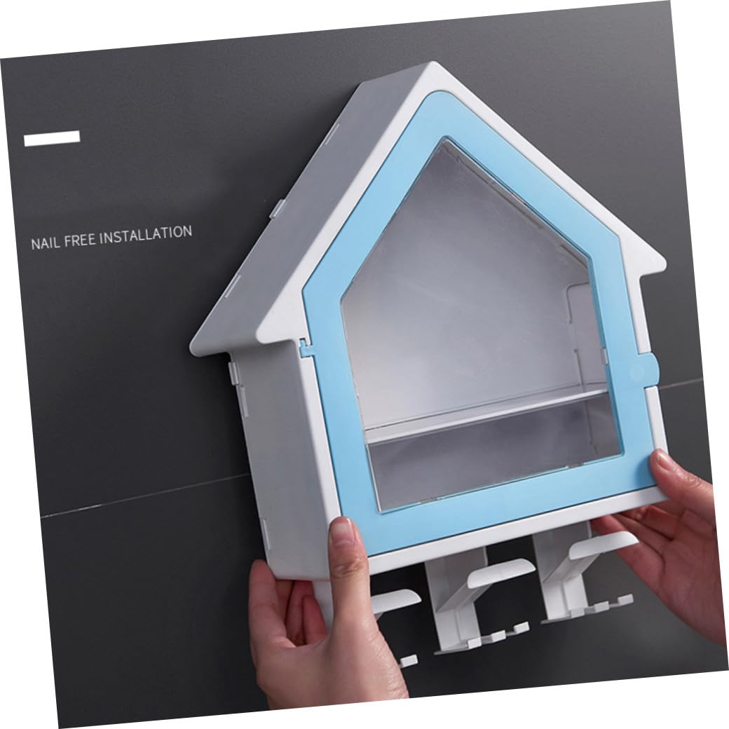 Portaspazzolino a Forma di Casa Blu, Supporto Bagno Abs Pp | 34x27cm, Due Posti per Spazzolini e Tazza, Fissaggio senza Fori, Design Drenante