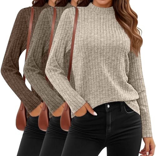 Riyiper 3 Pack Women's Mock Neck Sweaters, Long Sleeve Lightweight Tops Casual Soft Sweaters Knit Slim Fitted Basic Pullover