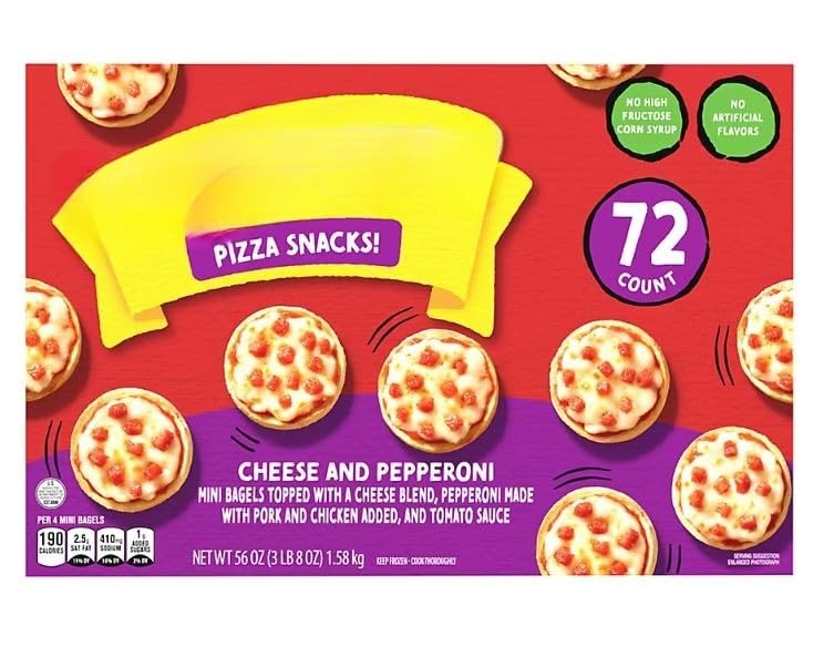 Cheese & Pepperoni Mini Pizza Bagels offer a quick and easy snack that kids love and parents can easily serve. These mini pizza are topped with cheese, and have pepperoni made with pork and chicken added, and sauce for a mouthwatering flavor that excites everyone no matter their age, they're always a hit. Try these frozen appetizers at a party or as an after school snack. plus no artificial flavors or high fructose corn syrup. Bake them in the oven or toaster oven for a crispy finish, or microwave them . 72 ct ..[ 56 oz , 3.5 lb ]