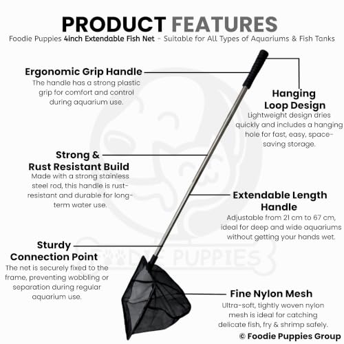 Image of Foodie Puppies Extendable Fish Net (4 Inch /10 cm) | Aquarium Fish Net with 9-22 Inch Telescopic Handle for Betta, Small Koi Pond & Pool | Stainless Steel Handle, Fine Mesh Net for Fish & Shrimp Tank
