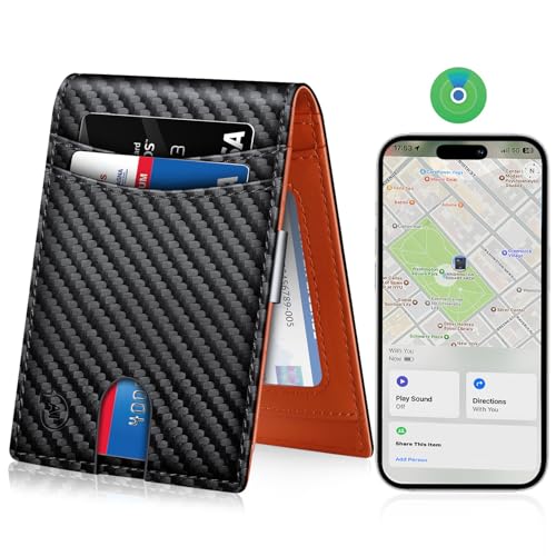 Mens Slim Wallet Tracker Work for Apple Find My (iOS Only) App,Smart Wallet for Men with Money Clip Bifold Credit Card Holder with Gift Box. (iOS, Carbon Black & Orange)