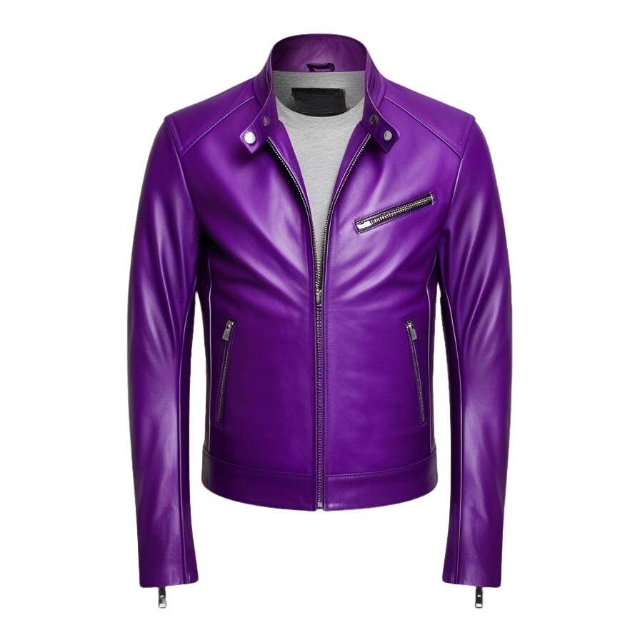 Purple Leather Biker Jacket, Zipper Closure, Multiple Pockets (US