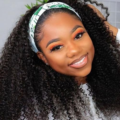 Image of Celiarita Kinky Curly Headband Wig Human Hair None Lace Front Wigs Glueless Human Hair Wigs 16 Inch Virgin Brazilian Kinky Curly Machine Made Wigs Human Hair Wigs for Black Women
