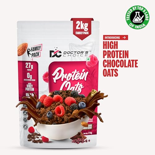 Image of DOCTORS CHOICE Oats, High Protein Oats, 27g Pure Protein Breakfast Cereals, Jaggery Sweetened, Rich in Fiber, No Additives and 0g Sugar 2 Kg, Dark Choco Berry