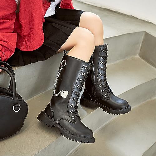 Kid's Girl's Waterproof Leather Lace-Up Zipper Mid Calf Combat Boots Outdoor Riding Boots Winter Boots Dress Princess Shoes(Toddler/Little Kid/Big Kid)3