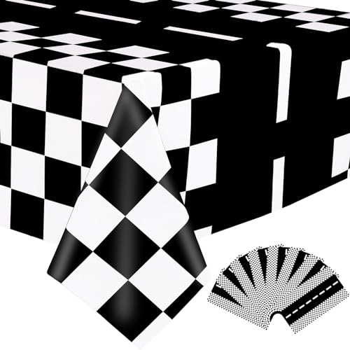 Image of Kesfey 8 Packs Racing Car Plastic Tablecloths 54 x 108 Inch Race Car Birthday Party Supplies Race Track Table Cloth Racing Decoration Road Black Checkered Flag Tablecover for Monster Jam Boy Car Theme