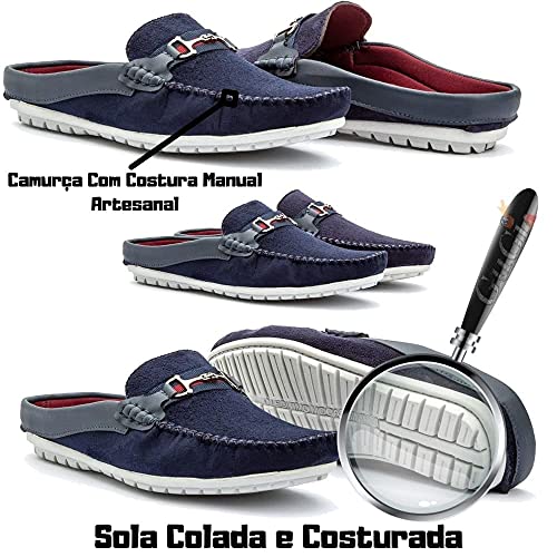 Kit 2 Mule Com Sola Costurada Tênis Aberto Casual Em Couro Camurça Estilo Mocassim Cor:Azul e Rato;T