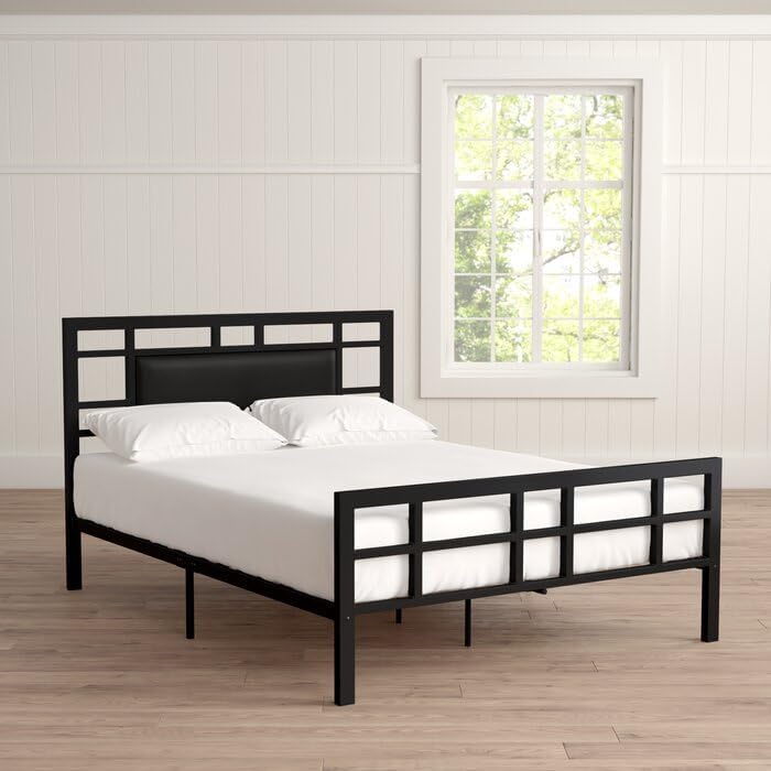 GIANTEX Vegan Leather Metal Open-Frame Bed (or Upholstered Vegan Leather Metal Platform Bed) Geometric Open-Frame Grid Pattern on Both Headboard and Footboard.-image-5