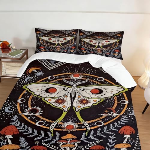 Image of Black Gothic Moth Comforter Set Full Size Boho Dead Moon Bedding Sets for Girls Boys Kids Adults Bedroom Decor Vintage Mushroom Quilt 1 Comforter 2 Pillowcases