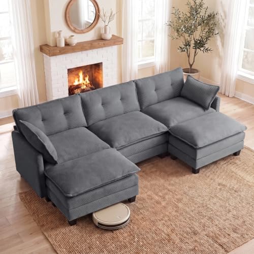 Image of Amsleekey 111.5 inch U Shaped Modular Sectional Sofa, Gray Corduroy