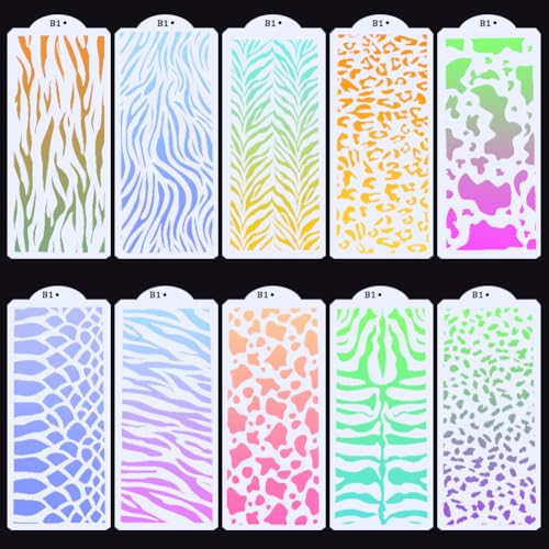GORGECRAFT 10Pcs Art Texture Stencils Plastic Reusable Mixed Media Template Leopard Cow Print Abstract Layered Border Stencils for Crafts Painting on Wood Wall Furniture Cake Decorative 26.3x11.25cm